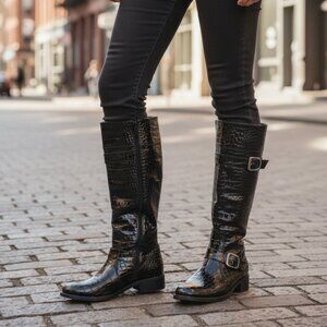 Remonte Black Patent Croc‎ Knee High Boots EU 38/8 WOOL Lined Statement Cozy